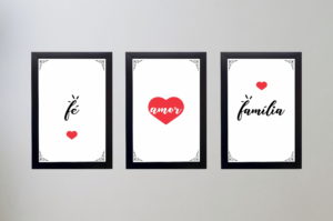  Kit 3 quadros Decorativos Frases Fé Amor e Família